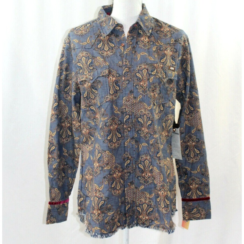 NWT 2OH Threads Two Old Hippies Blue Paisley Snap Front Cotton Top M